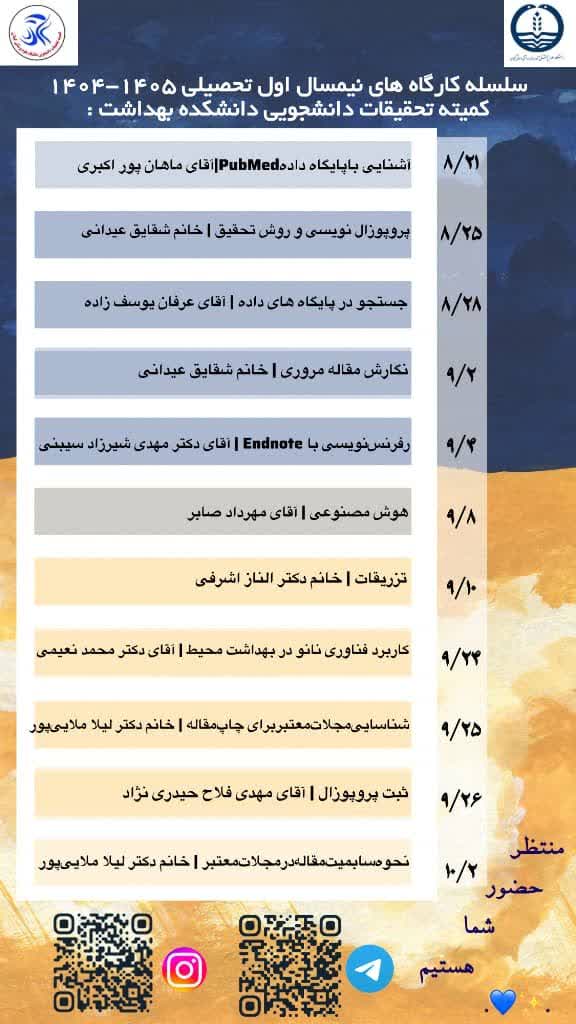 سلسله کارگاه‌های نیمسال اول تحصیلی 1405_1404 کمیته تحقیقات دانشجویی دانشکده بهداشت